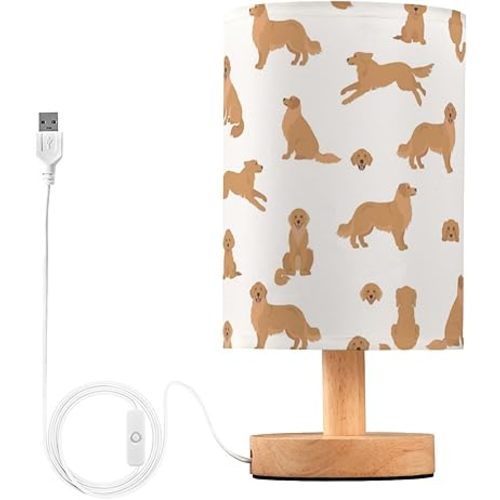Wusikd Golden Retriever Table Lamp Dogs Puppy LED Desk Light USB Nightstand Lamp with Non Slip Wood Base & Eye-Friendily Lampshade for Living Room Bedroom Dorm Home Office Desk Decor
