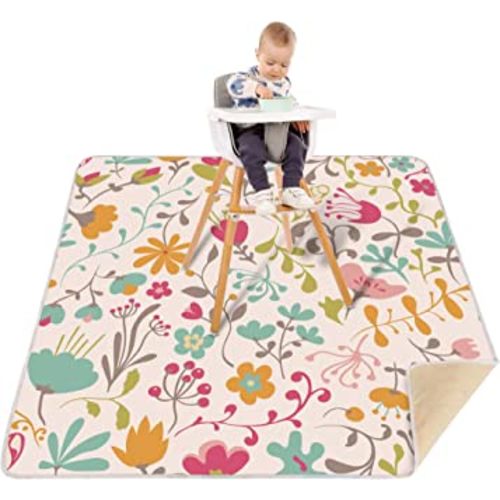 Splat Mat for Under High Chair, Washable Large Baby Splash Mat, Anti-Slip Silicone Spot Waterproof Floor Mat, Food Catcher Art Craft Leak Proof Mat(White flower, 51inch X 51inch)
