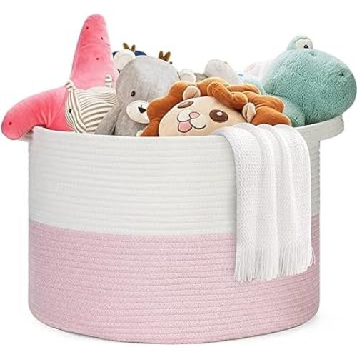 Blanket Basket - 20"x 20"x 13" Cotton Rope Basket for Living Room, Baby Toy Storage Basket, Large Woven Laundry Basket (White-Pink)