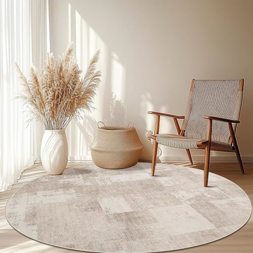 Round Rug 5ft Circle Rug, Carpet Washable Non Slip Low Pile Small Abstract Circular Area Rug for Bedroom Bathroom Entryway Kids Room Office College Dorm 5 feet Beige Ivory