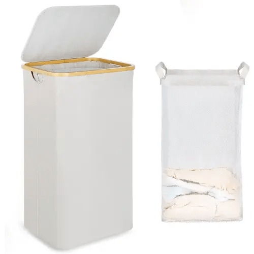 efluky Laundry Basket with Lid and Removable Bag, 100L Tall Laundry Hamper with Bamboo Handles, Aesthetic Dirty Clothes Bin for Laundry Room, Bathroom, Bedroom and Dorm, Light Grey