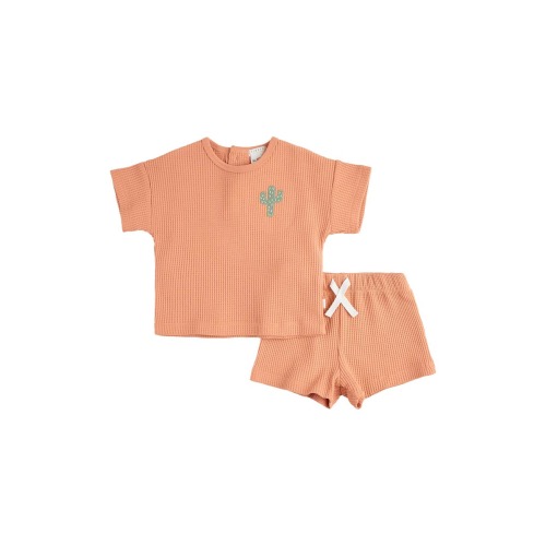 Baby Cactus Appliqué Thermal Knit T-Shirt & Shorts Set, 18M, Coral