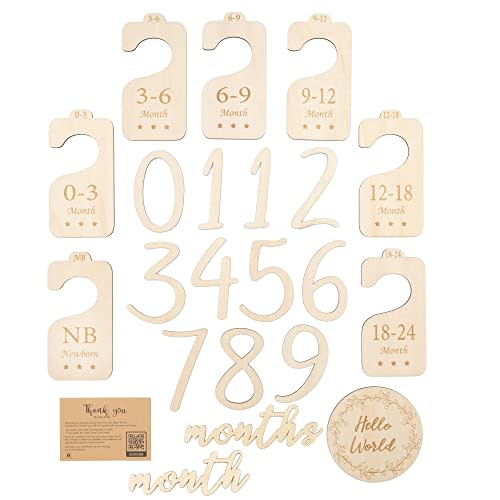 Wooden Baby Gift Bundle 7 Baby Closet Size Dividers for 0 to 24 Months 11 Baby Monthly Milestone Numbers & Birth Announcement Card Boxed for Elegant Gifting