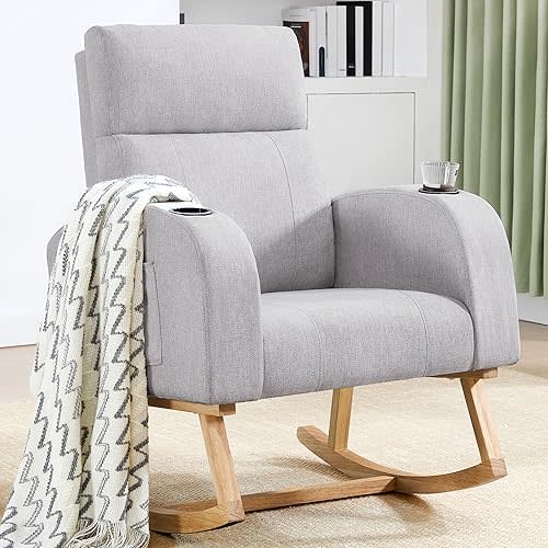 Rocking Chair Nursery, Nursery Rocking Chairs with Cup Holders, Nursing Rocking Chair Glider Rocker Indoor for Nursery, Living Room, Bedroom, Grey
