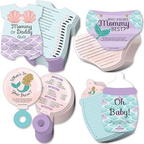 Big Dot of Happiness Let’s Be Mermaids - 4 Baby Shower Games - 10 Cards Each - Who Knows Mommy Best, Mommy or Daddy Quiz, What’s in Your Purse and Oh Baby - Gamerific Bundle
