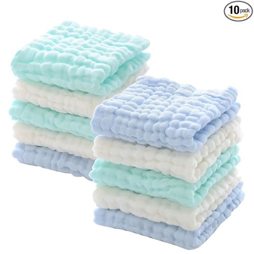 MUKIN Muslin Washcloths - Soft Face Cloths for Newborn, Absorbent Bath Face Towels, Wipes, Burp Cloths, Baby Registry as Shower. Pack of 10 (Green,Blue,White)