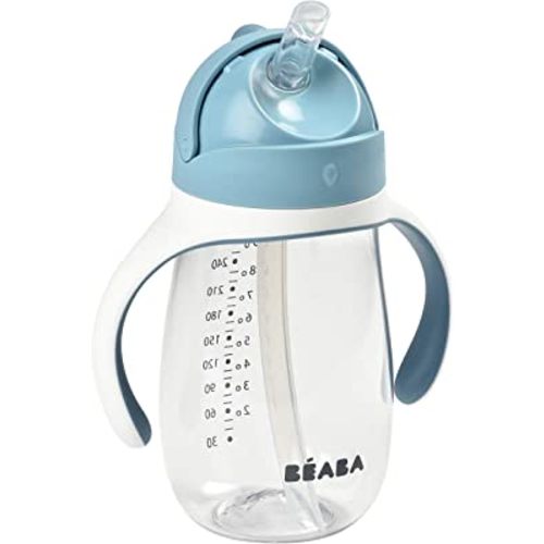 Beaba Straw Sippy Cup, Sippy Cup with Removable Handles, Sippy Cup with Straw, Baby Straw Cup, Toddler Cup, Toddler Straw Cups, 8+ months, 10 oz, Rain