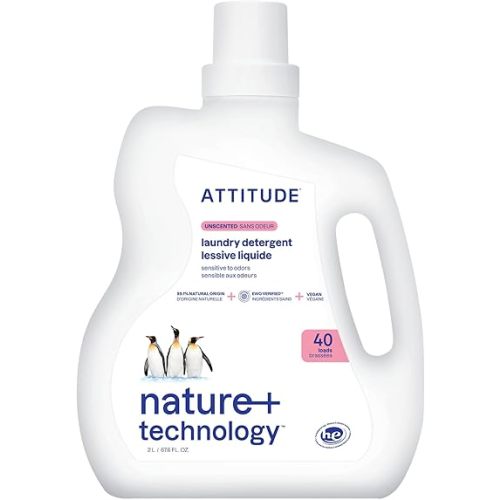 ATTITUDE Liquid Laundry Detergent, EWG Verified Laundry Soap, HE Compatible, Vegan and Plant Based Products, Cruelty-Free, Unscented, 40 Loads, 67.6 Fl Oz