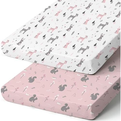 Pack n Play Sheets, BROLEX 2 Pack Mini Crib Sheets,Stretchy Portable Fitted Playard Sheet Set, Convertible Playard Mattress Cover,Ultra Soft Breathable Material,Squirrel Deer