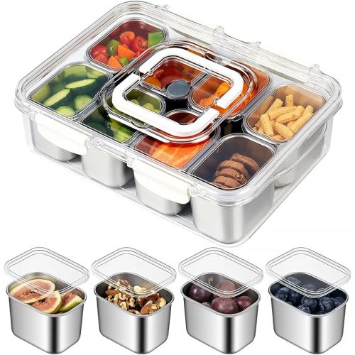Snackle Box Container, Stainless Steel Divided Serving Tray with Lid and Handle, 8 Compartment Portable Snack Platters - Clear Storage Organizer for Fruit Candy Nuts Veggie - Perfect for Travel Party