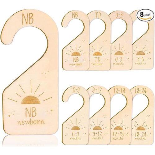 Whaline 8Pcs Baby Closet Size Dividers Wooden Baby Wardrobe Hanger Organizer Boho Sun Design Hanging Wooden Newborn to 24 Months for Home Nursery Baby Clothes Decor