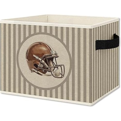 Vintage Football Helmet Boy Storage Bins Box with Handles, Sports Kids Decor for Boys, Neutral Striped Football Collapsible Organizer Basket for Nursery Room Bedroom Playroom Toys Books
