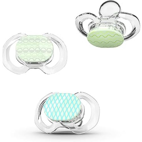 Smilo Baby Pacifier with Orthodontic Design for Healthy Dental Development - Stage 1 for Babies 0-3 Months - Pack of 3X 100% Silicone Newborn Pacifiers BPA Free - Glow-in-The-Dark