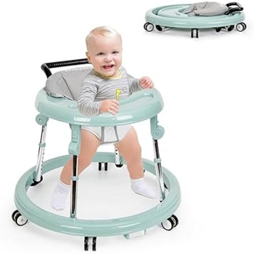 Baby Walker Foldable with 9 Adjustable Heights, Baby Walkers for Boys Girls Babies 7-18 Months, Baby Walker with Wheels Portable（Grey Green)