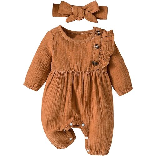 Baby Girl Ruffle Romper Solid Color Button Long Sleeve Jumpsuit Fall Newborn Coming Home Outfit Headbands