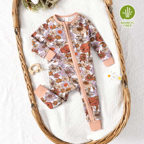 PatPat Bamboo Baby Pajamas Snug fit Baby Girl Boy Long-Sleeved Zipper One-Piece Pajamas Gift for Newborn