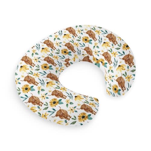 HawSkgFub Highland Cow Sunflower Nursing Pillow Cover for Baby Girl, Western Farm Animal Yak Floral Breastfeeding Pillow Slipcover, long horn cowgirls Nursing Pillowcase for Newborn Infant, Cover Only