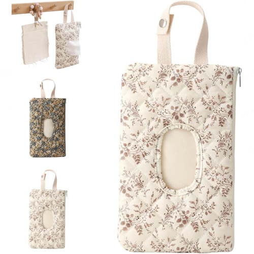 Quilted Baby Wipe Holder Floral Diaper and Wipes Pouch Portable Hanging Quilted Wipes Bag with Lanyard Reusable Travel Wipe Case for Stroller Car,White