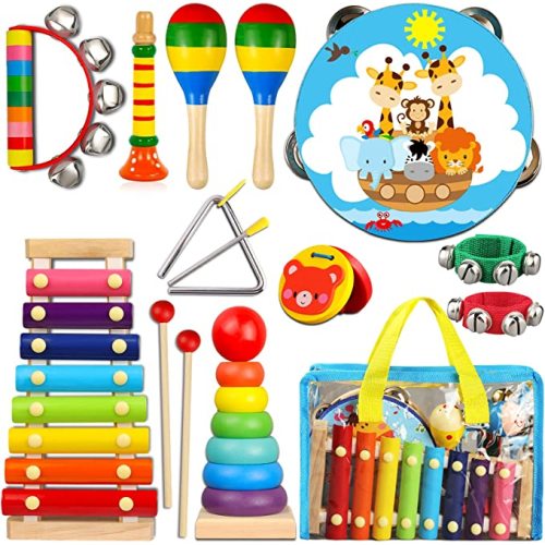 LOOIKOOS Toddler Musical Instruments,Wooden Percussion Instruments for Baby Kids Preschool Educational Musical Toys Set Boys and Girls with Carrying Bag - 12