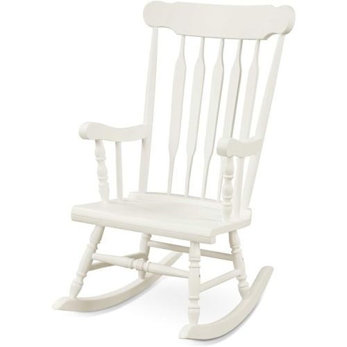 Giantex Outdoor Wood Rocking Chair - Patio Rocking Chair with Solid Rubber Wood Frame, Slat Back, Outside & Indoor Rocker for Garden, Poolside, Balcony, Backyard, Lawn, Front Porch Rocker, White