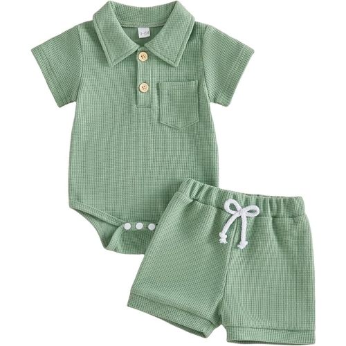 Baby Boy Summer Outfits Waffle Solid Color Lapel Neck Short Sleeve Romper Shorts Set Infant Casual Clothes 2 Piece