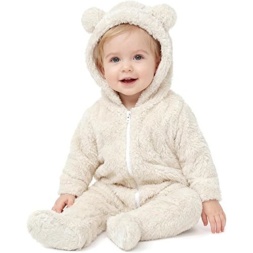 Baby Plush Long Sleeve Polar Fleece Jumpsuit With Bear Ears Baby Fleece Hooded Jumpsuit Infant Winter Outfit