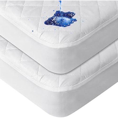 Crib Mattress Protector Waterproof 2 Pack, Quilted Crib Mattress Pad Cover 52'' x 28'' Extra Soft Breathable Toddler Bed Cover Fitted Crib/Toddler Mattress Stretch Up to 8", White