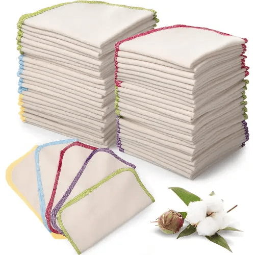 Mimorou 45 Pcs Flannel Cloth Baby Wipes Reusable Baby Diapers Wipes Washable Natural Unbleached Baby Face Wipes Soft and Sturdy Cloth Wipes 5 Colors Outer Stitching 8 x 8 Inches, 1.0 Count