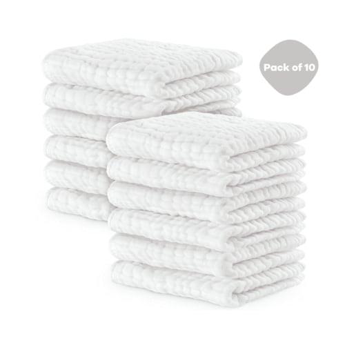 Muslin Cotton Baby Washcloths, 10x10, Soft for Sensitive Skin, Newborn Essentials, Pack of 10 (White)