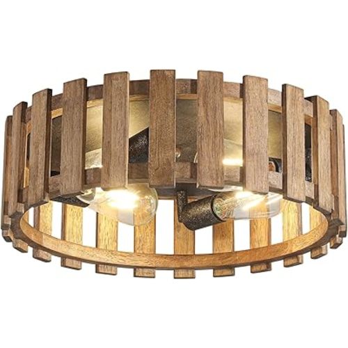 Farmhouse Flush Mount Ceiling Light, 17 Inch 4-Light Wood Close to Ceiling Light Fixture, Retro Hallway Light Fixtures Ceiling, Rustic Drum Ceiling Light for Kitchen Entry Living Room