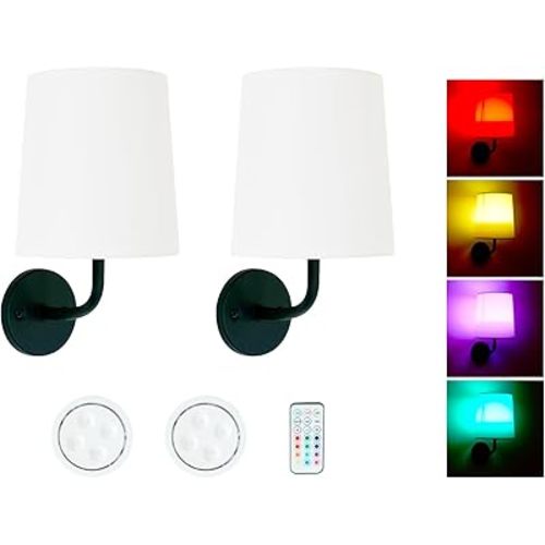 HEQIQEH Rustic Vintage Battery Operated RGB Wall Sconce Light Fixture with Remote Control, Flared Funnel Linen Fabric Shade Dimmable Nightstand Lamps for Bedroom, Set of 2 (Black)