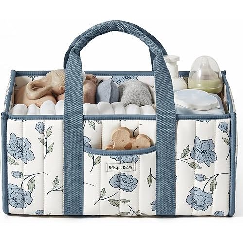 Blissful Diary Floral Diaper Caddy Organizer, Stylish Nursery Storage Basket, Gift for Baby Shower, Newborn Essentials, Peony Blue