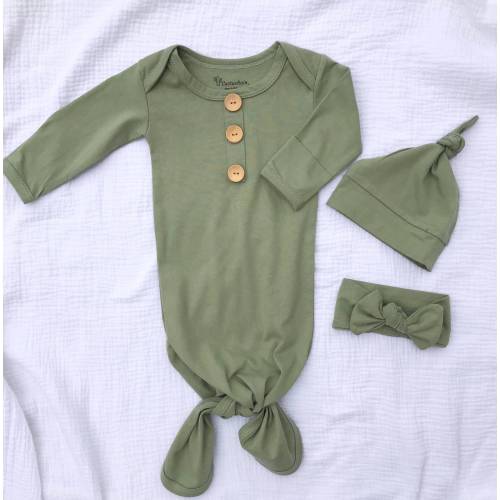 OLIVE Organic Cotton Knotted Gown,0-3 Months, Going Home Set, Shower Gift, New Baby, Photo Prop, Gender Neutral