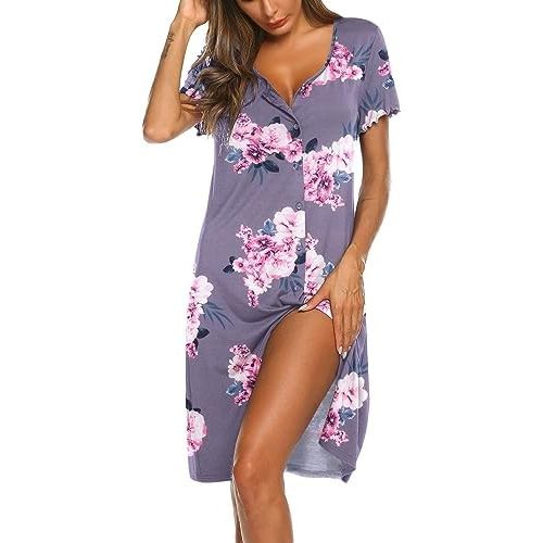 Recovery nightgown - Ekouaer Women's Nightshirt Short Sleeve Button Down Nightgown V-Neck Sleepwear Pajama Dress