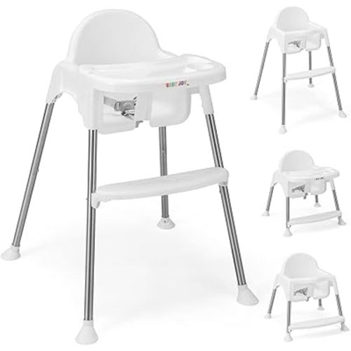 BABY JOY Baby High Chair, 4 in 1 Convertible Highchair for Babies & Toddlers with Adjustable Legs, Double Removable Tray, Safety Harness & Footrest (White)