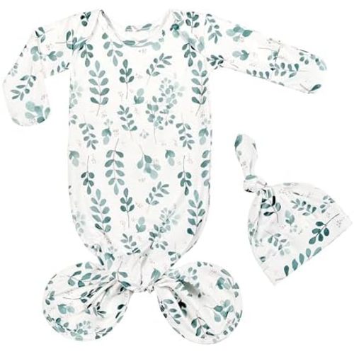 Newborn Baby Sleeper Set - Knotted Gown & Hat for Baby Girl or Boy - 0-3 Months