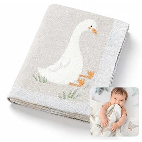Silly Goose Baby Blanket Cute 100% Knitted Cotton Swaddle Cover Receiving Nursery Baby Shower Goose Gift for Newborn Swaddle Infant Crib Receiving Strollerelty(White)