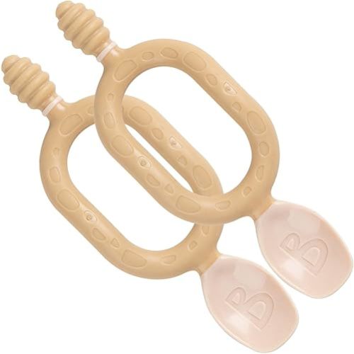 Bibado Weaning Spoons 2 Pack - Baby Led Weaning Spoon for Self Feeding, Dual-Ended Cutlery for Oral Sensory Development and Teething Gums - Ergonomic 2 Handles for Control - Dippit Fawn