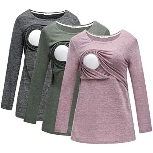 Bearsland Women's 3 Packs Maternity Clothes Long Sleeves Breastfeeding Shirts Nursing Top