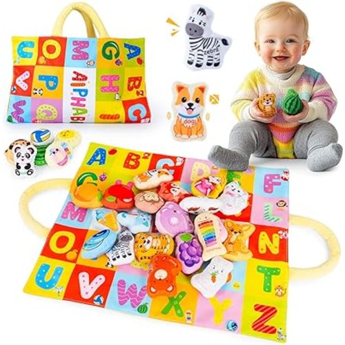 Play Mat for Babies 6-12 Months, Baby Soft Alphabet Set, Sensory Learning Toys for Baby Boys and Girls Includes 26 Cloth Toys, Washable Soft Crinkle and Foldable Storage Mat