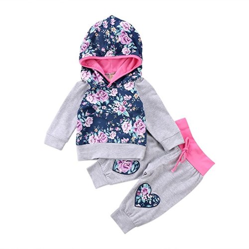 2PCS Newborn Baby Girls Clothing Floral Hoodies Embroidery Tops Pants Winter Outfits - 0 - 6 Months