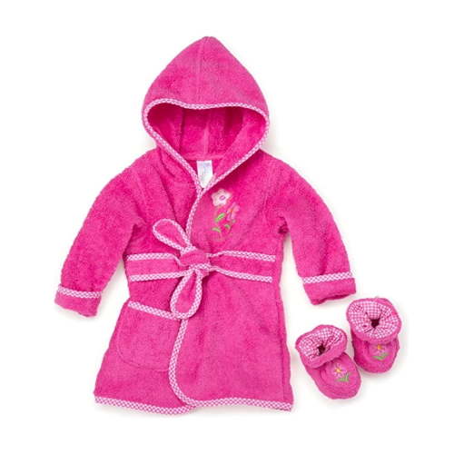 Spasilk 100% Cotton Hooded Terry Bathrobe with Booties, Pink Flower, 0-9 Months