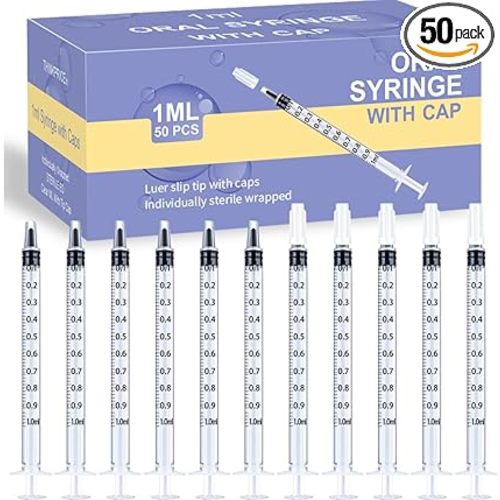 50 Pcs 1ml Syringes with Caps Oral Dispenser Individually Sterile Warpped for Medicine Dropper, Colostrum Collect Feeding Pets, Liquid