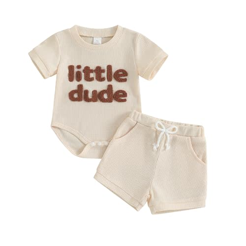 Douhoow Baby Boy Summer Outfits Short Sleeve Mamas Boy Little Dude Embroidery Boy Romper Shorts Set Infant Waffle Clothes