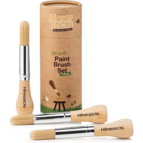 Honeysticks My First Paint Brush Set - 3 Pack: Ideal for Babies and Toddlers. Jumbo Brushes with Chubby Wood Handles for Easy Grip, Vegan. Includes Handy Storage Container