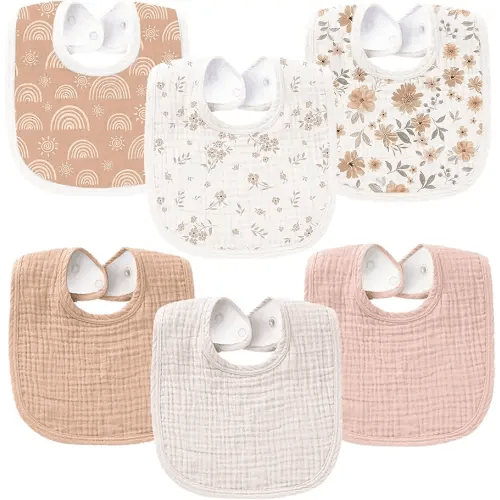 Konssy 6-Pack Muslin Baby Bibs for Boys & Girls, Soft Cotton Absorbent Bandana Drool Bibs for Drooling & Teething