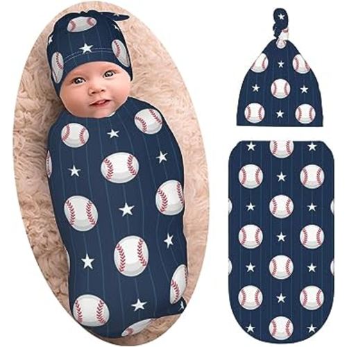 Baseball Baby Stuff Swaddle Blanket with Beanie Set, Soft Stretchy Newborn Receiving Blanket Infant Swaddle Sack for Baby Boy and Girl Gifts