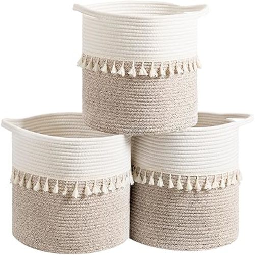 danpinera 11 Inch Storage Baskets Set of 3, Cotton Woven Baskets for Storage with Strong Handles & Stylish Tassel, Storage Bins, Decorative baskets for shelves, Nursery, Laundry, White & Mixed Brown