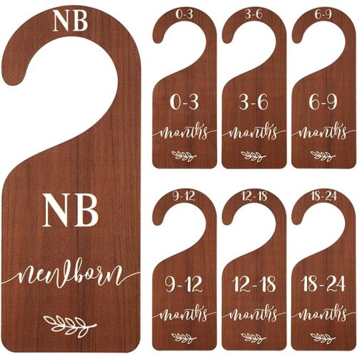 Whaline Wooden Baby Closet Size Dividers Set of 7 Wardrobe Hanger Organizer from Newborn to 24 Month Nursery Decor Dividers with Blue Velvet Bag Design for Home Nursery Infant Baby Clothes