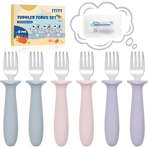 6 PCS Toddler Forks Set - Baby Forks with Silicone Handle Children Food Grade 18/8 Stainless Steel Toddler Utensils Set for Self Feeding Kids Silverware Set Safe Anti-Choke Design Dishwasher Safe